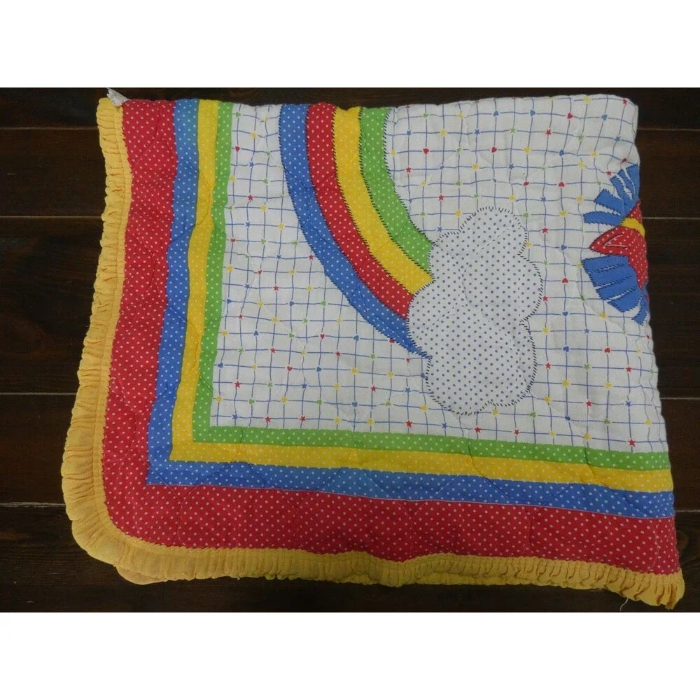 VTG Handmade Baby Blanket Quilt Nursery Rocking Horse Rainbow Ruffle 42